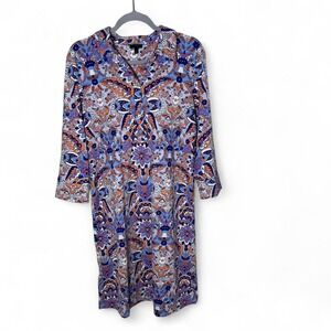 Talbots blue paisley print dress with 3/4 sleeves and V-neckline. Size L